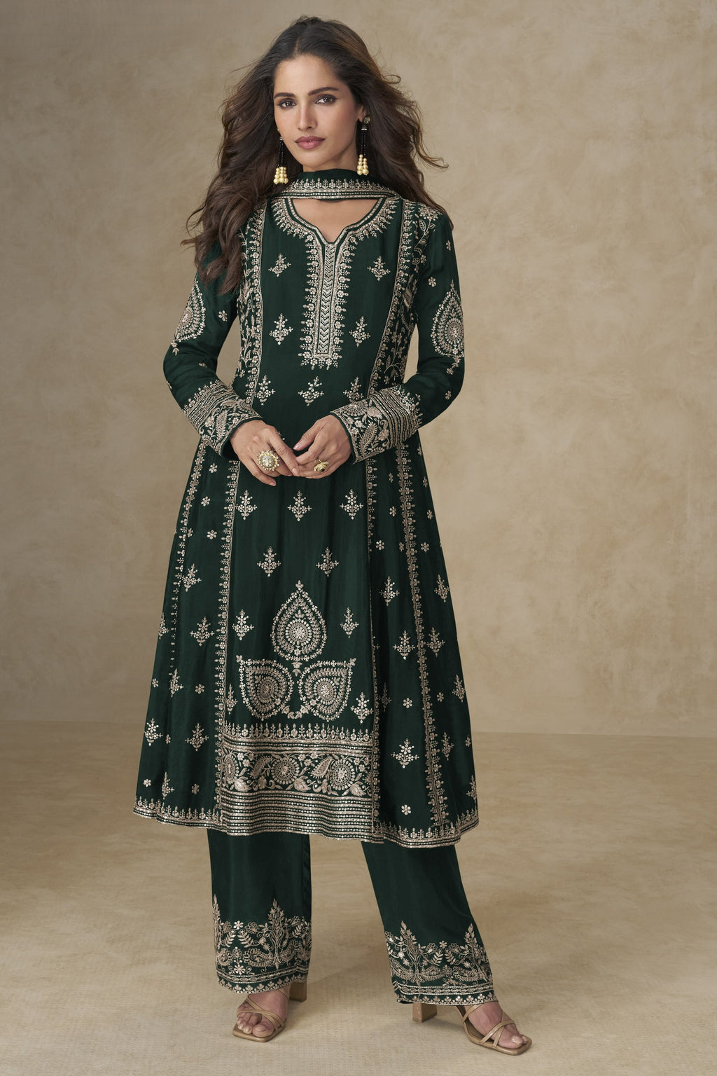 Emerald Green Chinon Silk Plazo Suit For Indian & Pakistani Wedding Festival - Sequins & Thread Embroidery Work