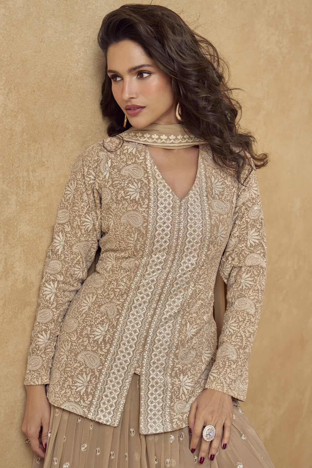 Beige Georgette Kameez With Skirt For Indian & Pakistani Wedding Festival - Thread Embroidery Work, Sequence Embroidery Work