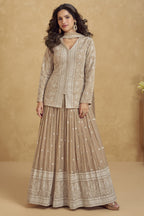 Beige Georgette Kameez With Skirt For Indian & Pakistani Wedding Festival - Thread Embroidery Work, Sequence Embroidery Work
