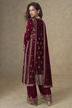 Red Chinon Silk Plazo Suit For Indian & Pakistani Wedding Festival - Sequins & Thread Embroidery Work