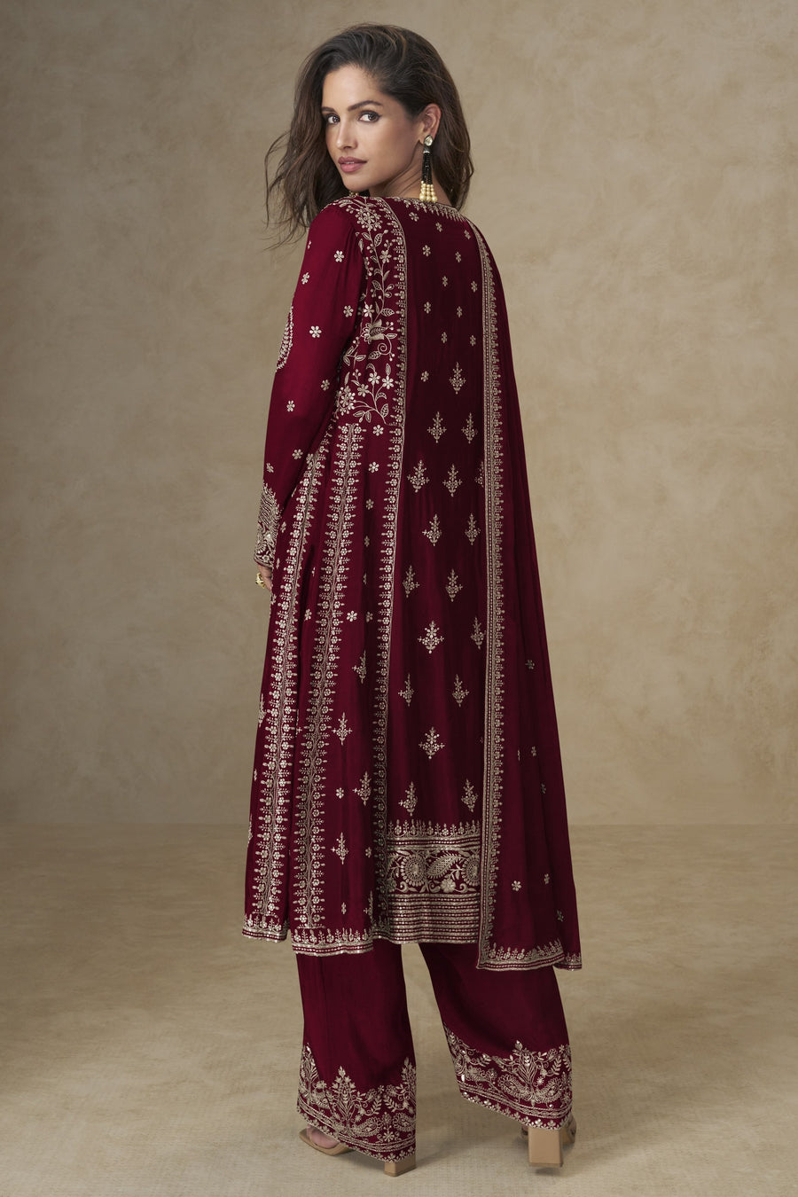 Red Chinon Silk Plazo Suit For Indian & Pakistani Wedding Festival - Sequins & Thread Embroidery Work