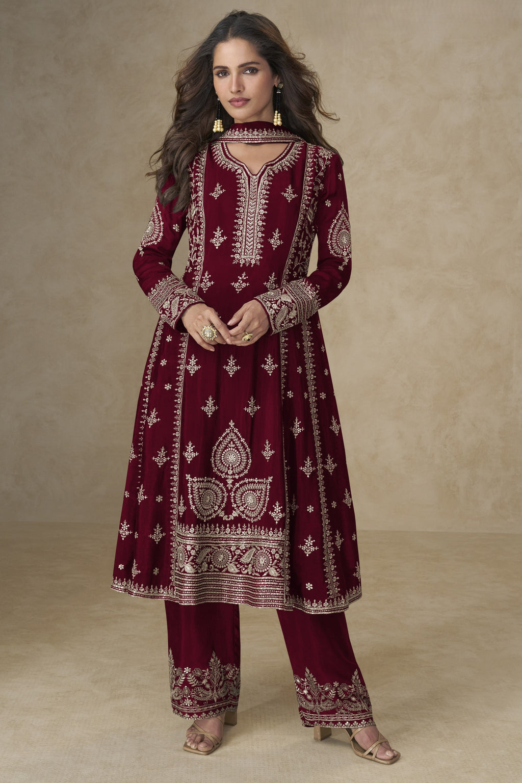 Red Chinon Silk Plazo Suit For Indian & Pakistani Wedding Festival - Sequins & Thread Embroidery Work