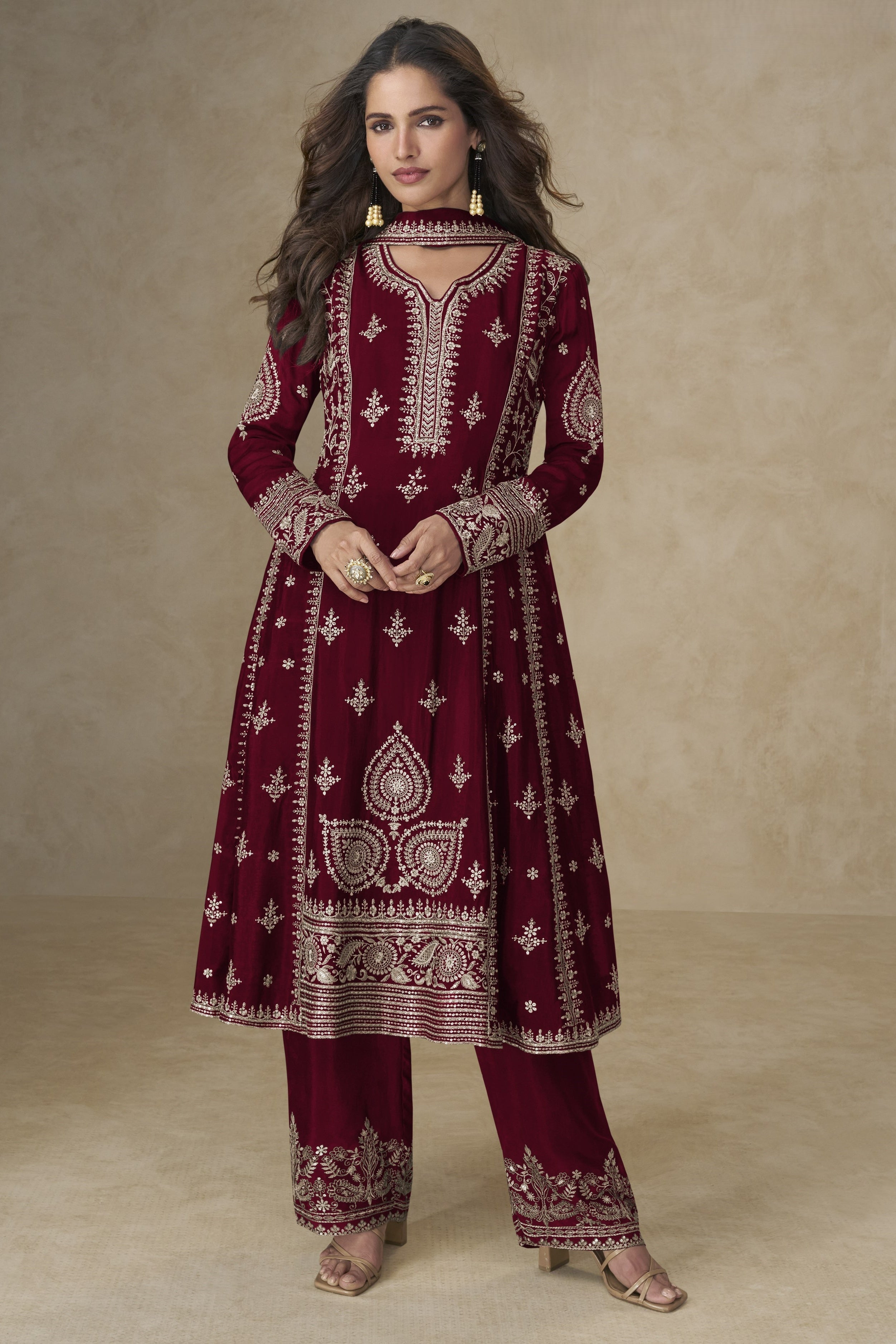 Red Chinon Silk Plazo Suit For Indian & Pakistani Wedding Festival - Sequins & Thread Embroidery Work