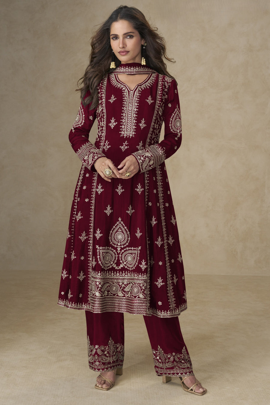 Red Chinon Silk Plazo Suit For Indian & Pakistani Wedding Festival - Sequins & Thread Embroidery Work