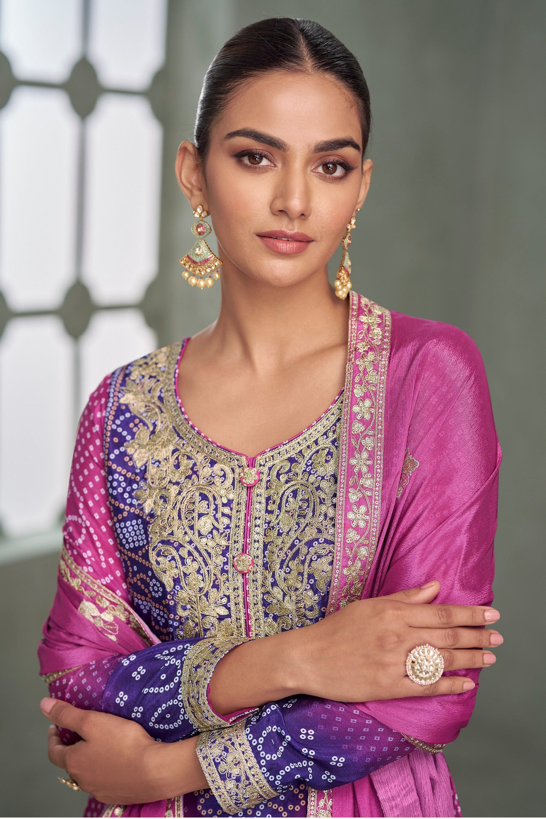 Magenta Chinon Silk Dual Color Bandhani Print Style Plazo Suit For Indian & Pakistani Wedding Festival - Thread & Sequence Embroidery Work, Print Work