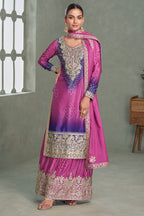 Magenta Chinon Silk Dual Color Bandhani Print Style Plazo Suit For Indian & Pakistani Wedding Festival - Thread & Sequence Embroidery Work, Print Work