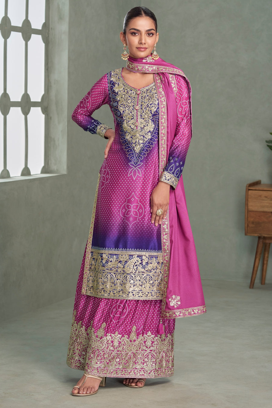 Magenta Chinon Silk Dual Color Bandhani Print Style Plazo Suit For Indian & Pakistani Wedding Festival - Thread & Sequence Embroidery Work, Print Work