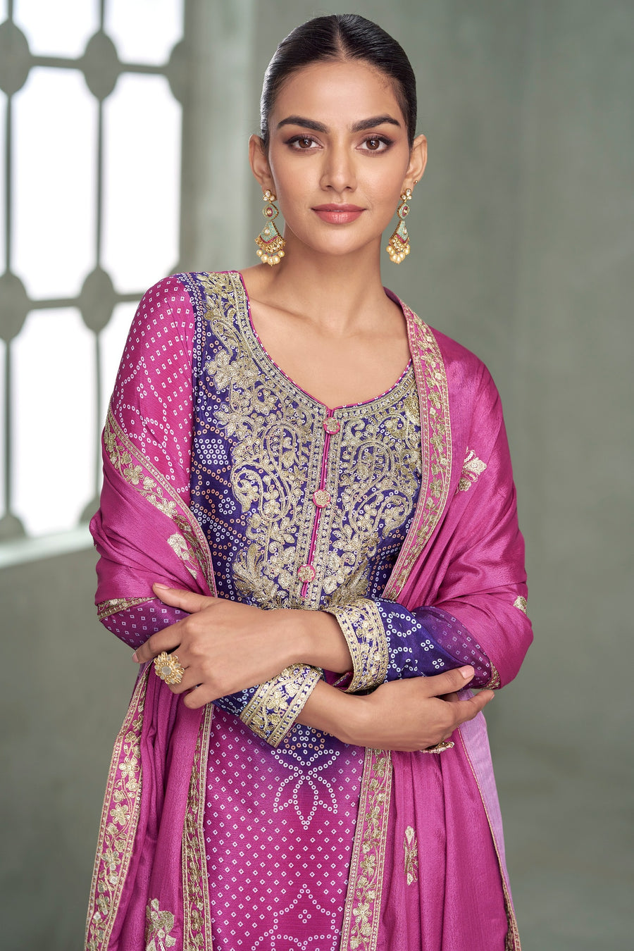 Magenta Chinon Silk Dual Color Bandhani Print Style Plazo Suit For Indian & Pakistani Wedding Festival - Thread & Sequence Embroidery Work, Print Work