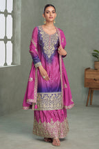 Magenta Chinon Silk Dual Color Bandhani Print Style Plazo Suit For Indian & Pakistani Wedding Festival - Thread & Sequence Embroidery Work, Print Work