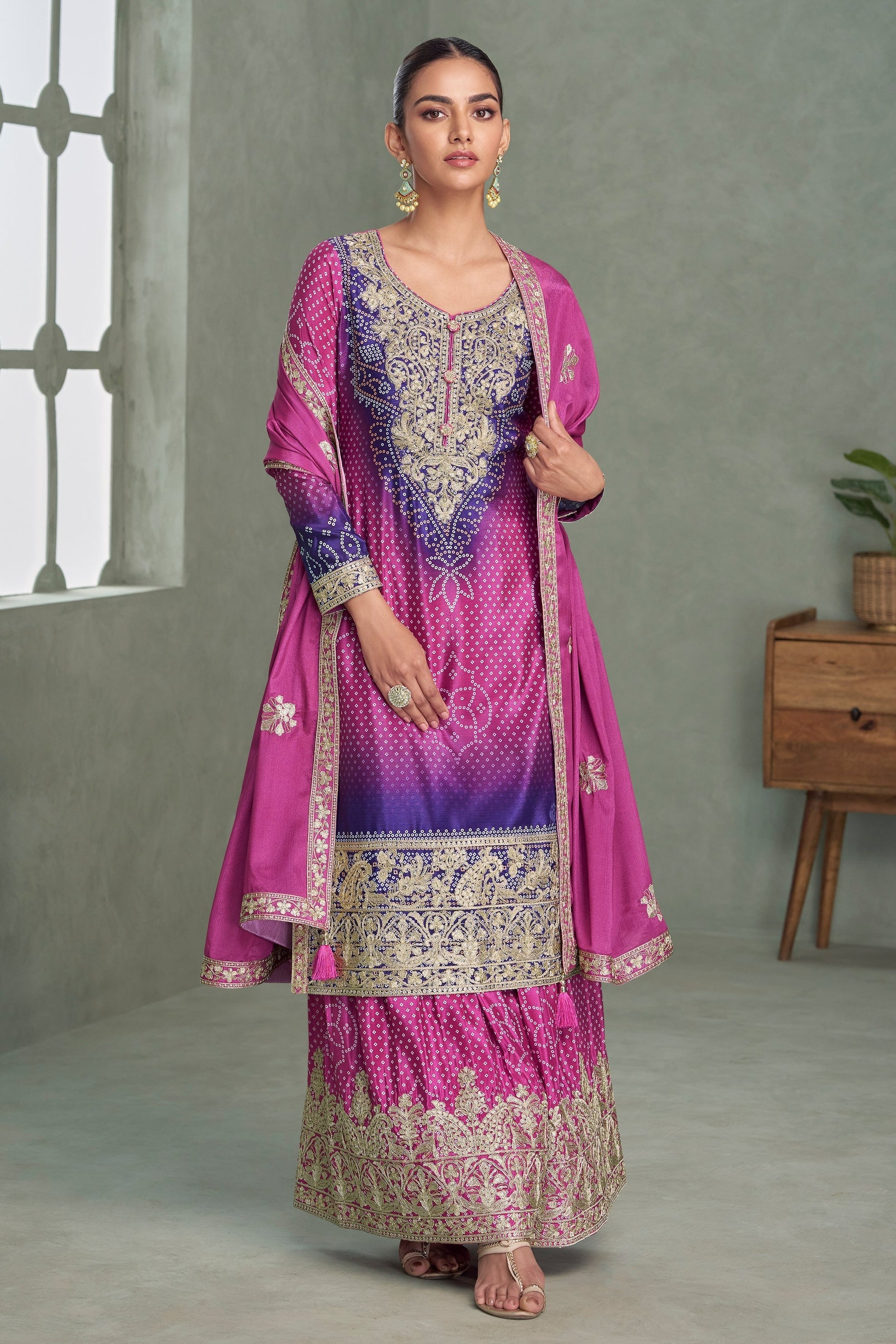 Magenta Chinon Silk Dual Color Bandhani Print Style Plazo Suit For Indian & Pakistani Wedding Festival - Thread & Sequence Embroidery Work, Print Work