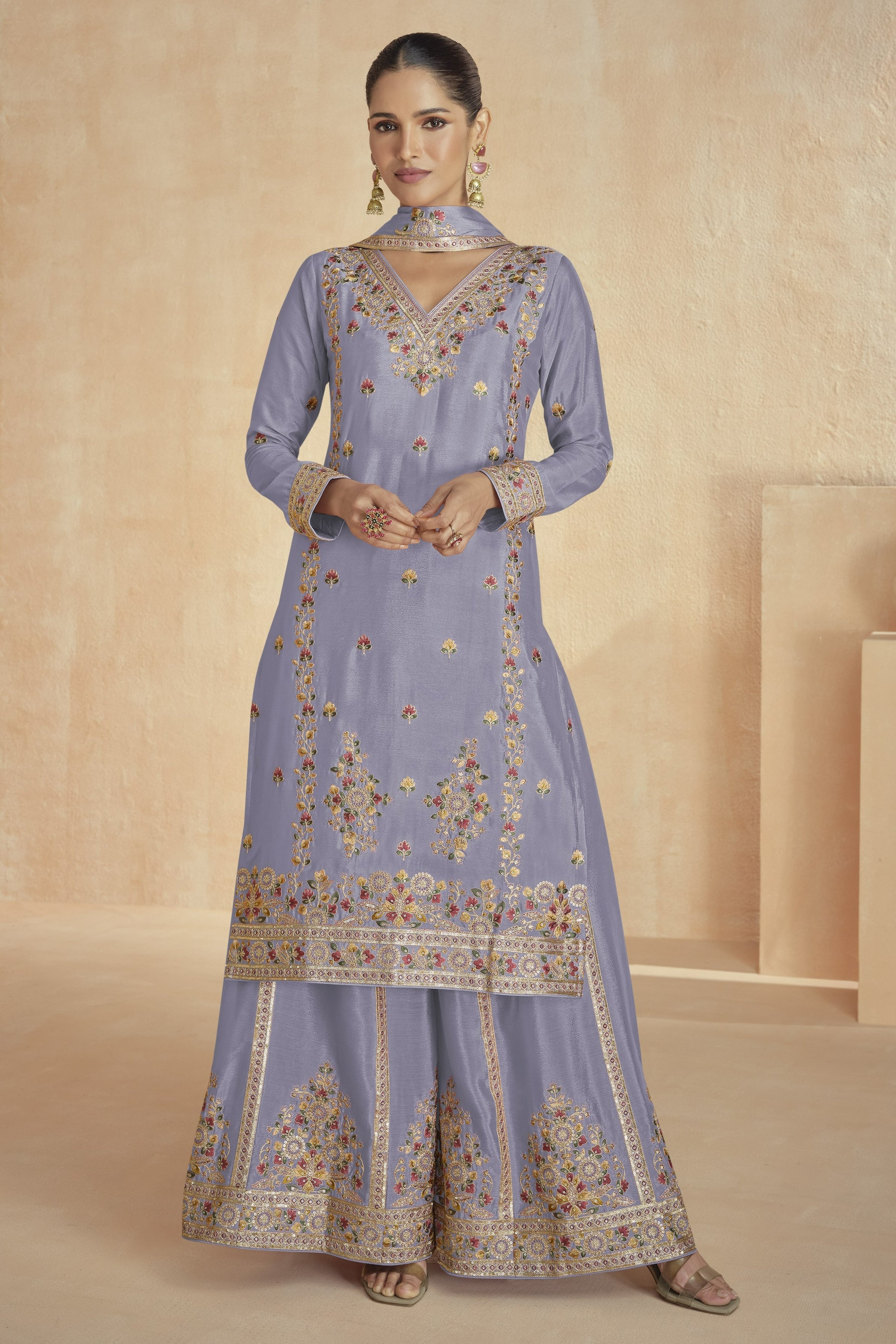 Lavender Chinon Silk Kameez With Plazo For Indian & Pakistani Wedding Festival - Embroidery Work