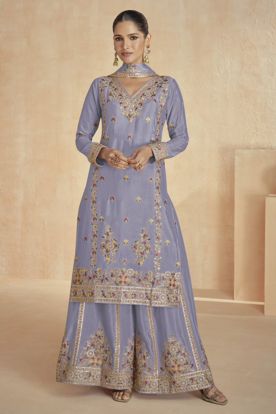Lavender Chinon Silk Kameez With Plazo For Indian & Pakistani Wedding Festival - Embroidery Work