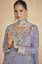 Lavender Chinon Silk Kameez With Plazo For Indian & Pakistani Wedding Festival - Embroidery Work