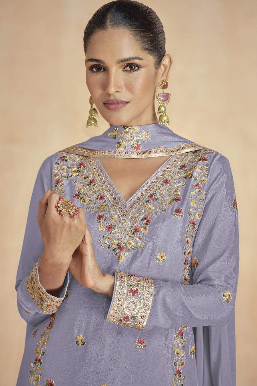 Lavender Chinon Silk Kameez With Plazo For Indian & Pakistani Wedding Festival - Embroidery Work