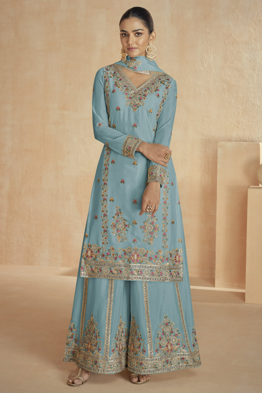 Ocean Blue Chinon Silk Kameez With Plazo For Indian & Pakistani Wedding Festival - Embroidery Work