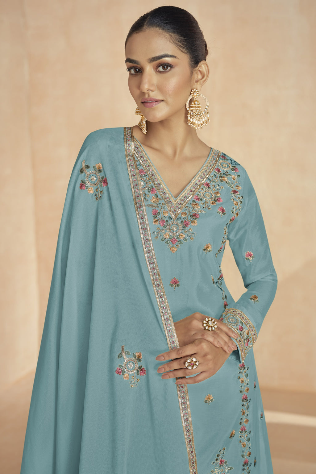 Ocean Blue Chinon Silk Kameez With Plazo For Indian & Pakistani Wedding Festival - Embroidery Work