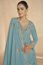 Ocean Blue Chinon Silk Kameez With Plazo For Indian & Pakistani Wedding Festival - Embroidery Work