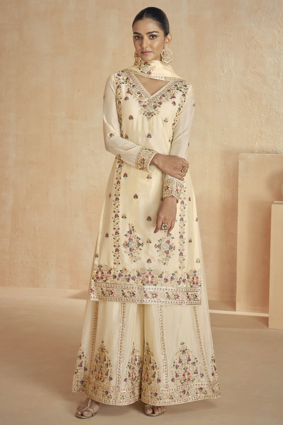 Cream Chinon Silk Kameez With Plazo For Indian & Pakistani Wedding Festival - Embroidery Work