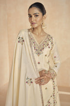 Cream Chinon Silk Kameez With Plazo For Indian & Pakistani Wedding Festival - Embroidery Work