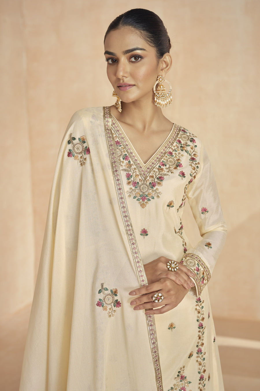 Cream Chinon Silk Kameez With Plazo For Indian & Pakistani Wedding Festival - Embroidery Work