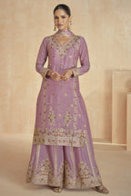 Pink Chinon Silk Kameez With Plazo For Indian & Pakistani Wedding Festival - Embroidery Work