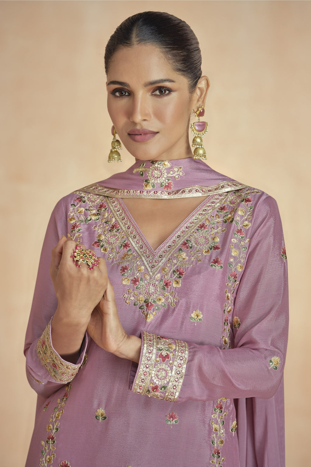 Pink Chinon Silk Kameez With Plazo For Indian & Pakistani Wedding Festival - Embroidery Work