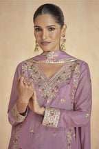 Pink Chinon Silk Kameez With Plazo For Indian & Pakistani Wedding Festival - Embroidery Work