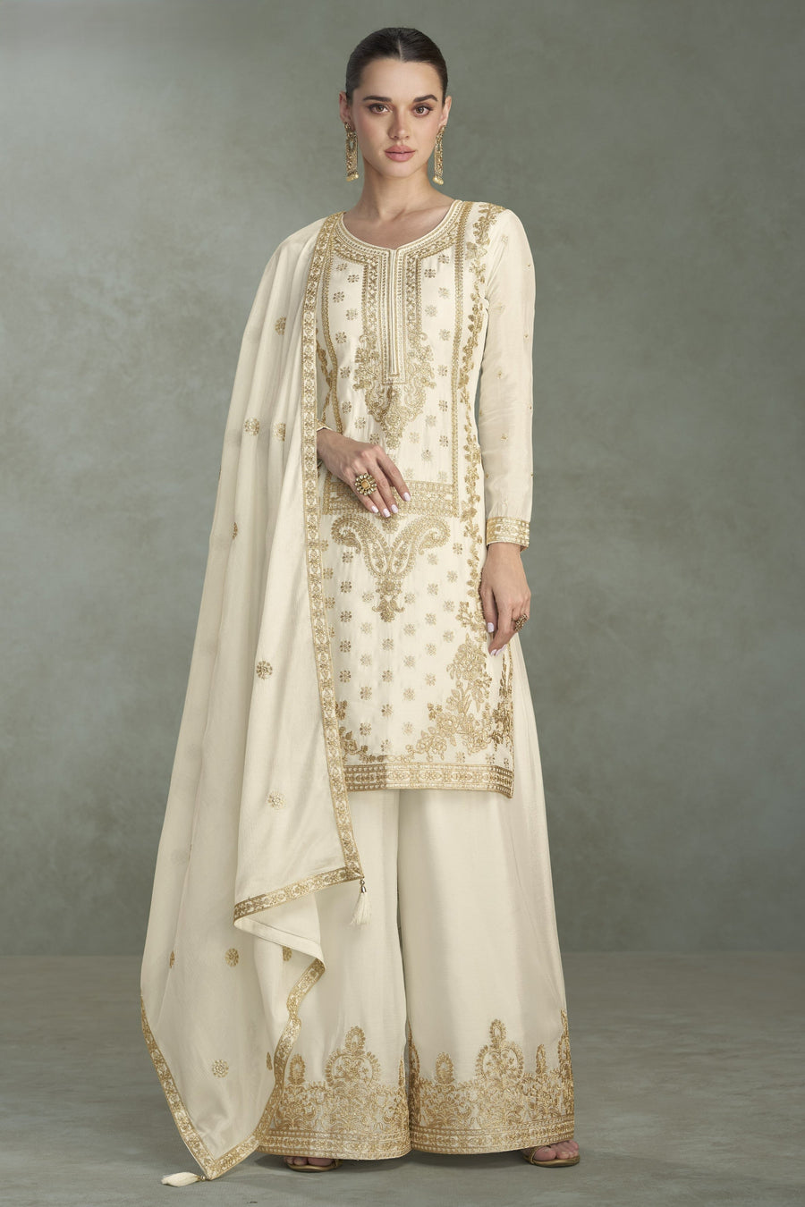 Cream Chinon Silk Plazo Suit For Indian & Pakistani Wedding Festival - Thread & Sequins Embroidery Work, Print Work