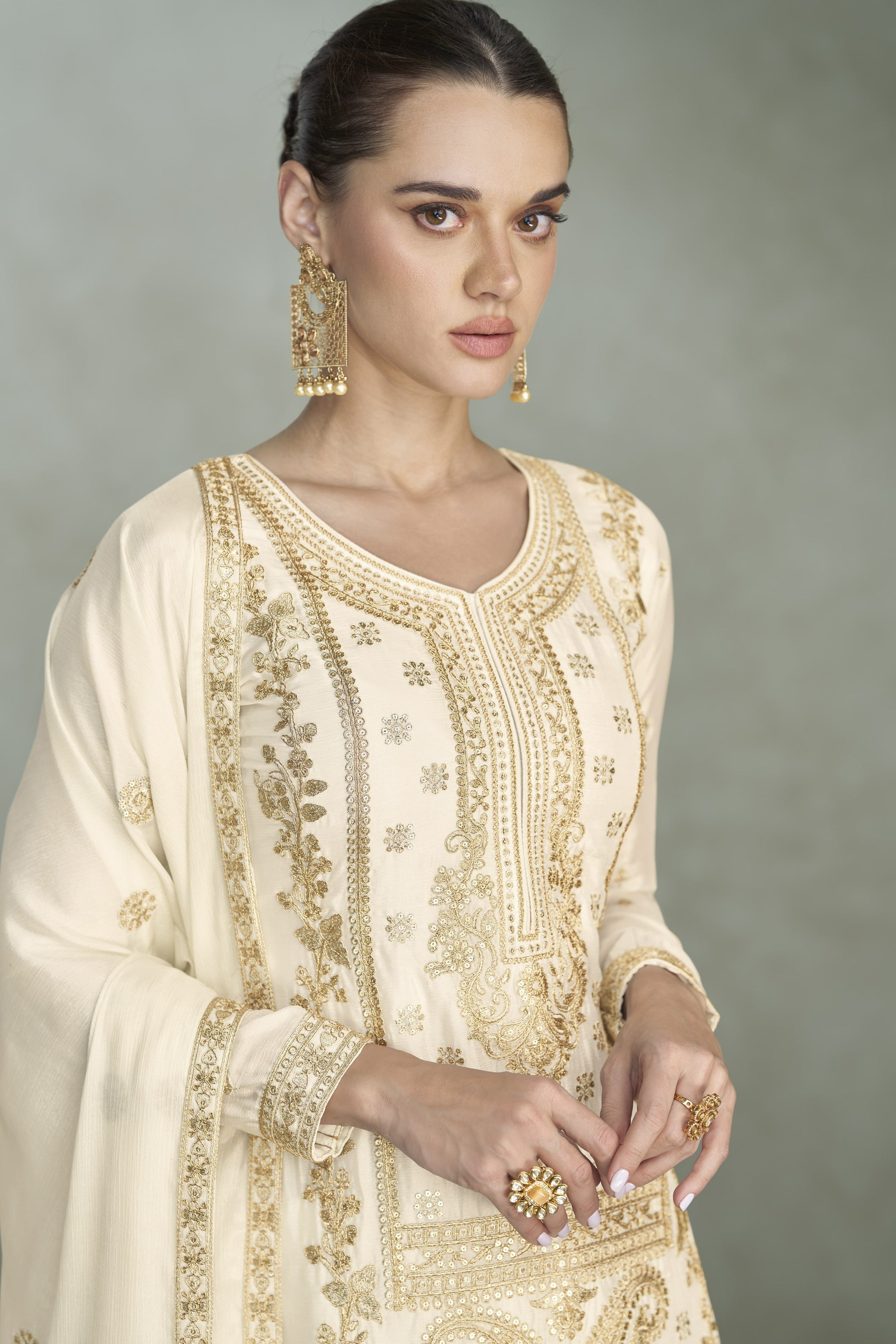 Cream Chinon Silk Plazo Suit For Indian & Pakistani Wedding Festival - Thread & Sequins Embroidery Work, Print Work