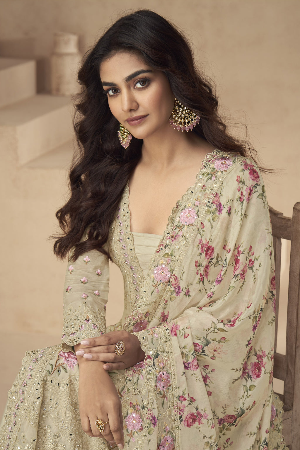 Beige Chinon Silk Long Floral Kameez With Palazzo For Indian & Pakistani Wedding Festival - Thread Embroidery Work, Print Work, Real Mirror Work