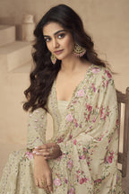 Beige Chinon Silk Long Floral Kameez With Palazzo For Indian & Pakistani Wedding Festival - Thread Embroidery Work, Print Work, Real Mirror Work