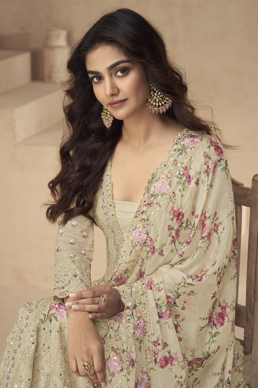 Beige Chinon Silk Long Floral Kameez With Palazzo For Indian & Pakistani Wedding Festival - Thread Embroidery Work, Print Work, Real Mirror Work