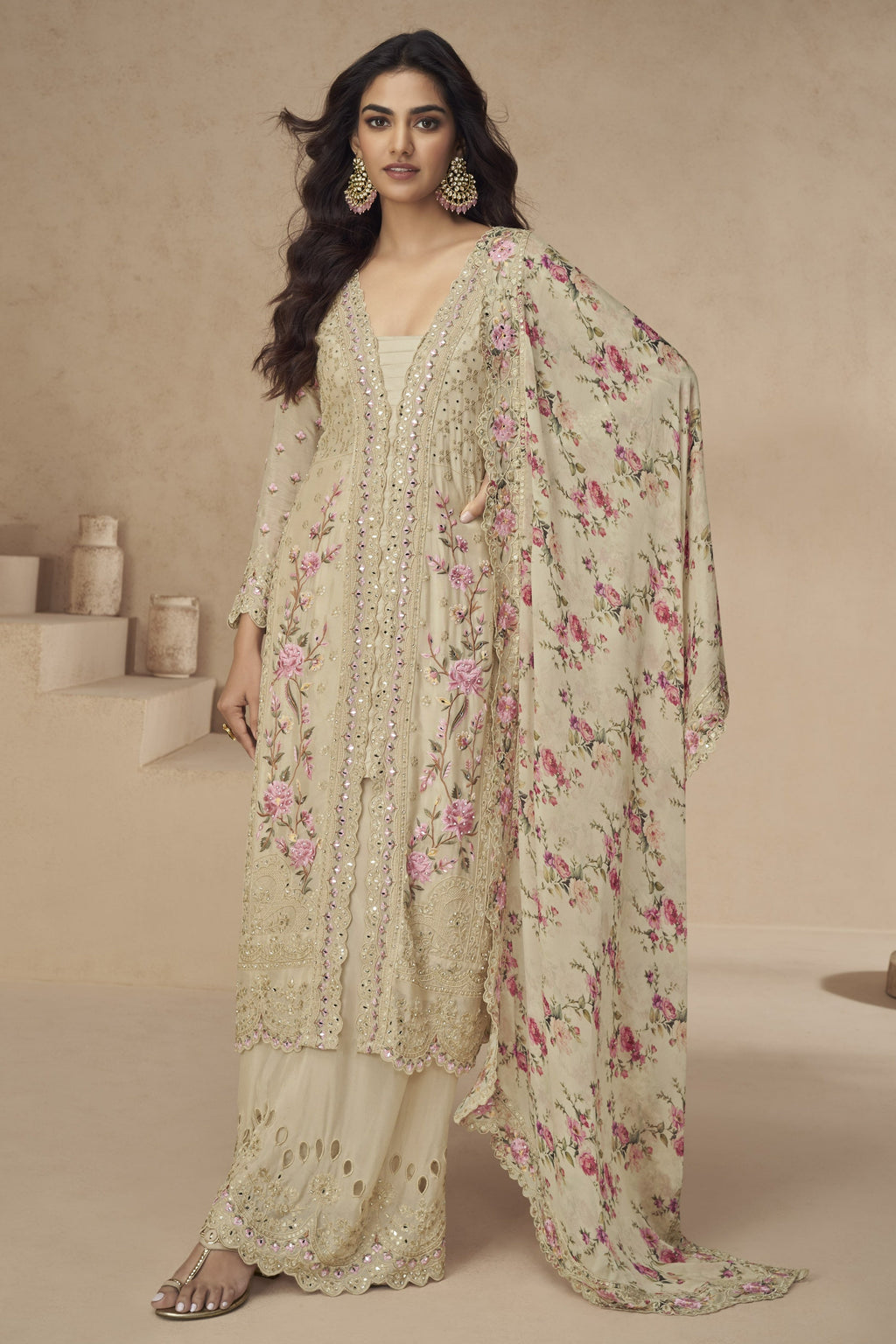Beige Chinon Silk Long Floral Kameez With Palazzo For Indian & Pakistani Wedding Festival - Thread Embroidery Work, Print Work, Real Mirror Work