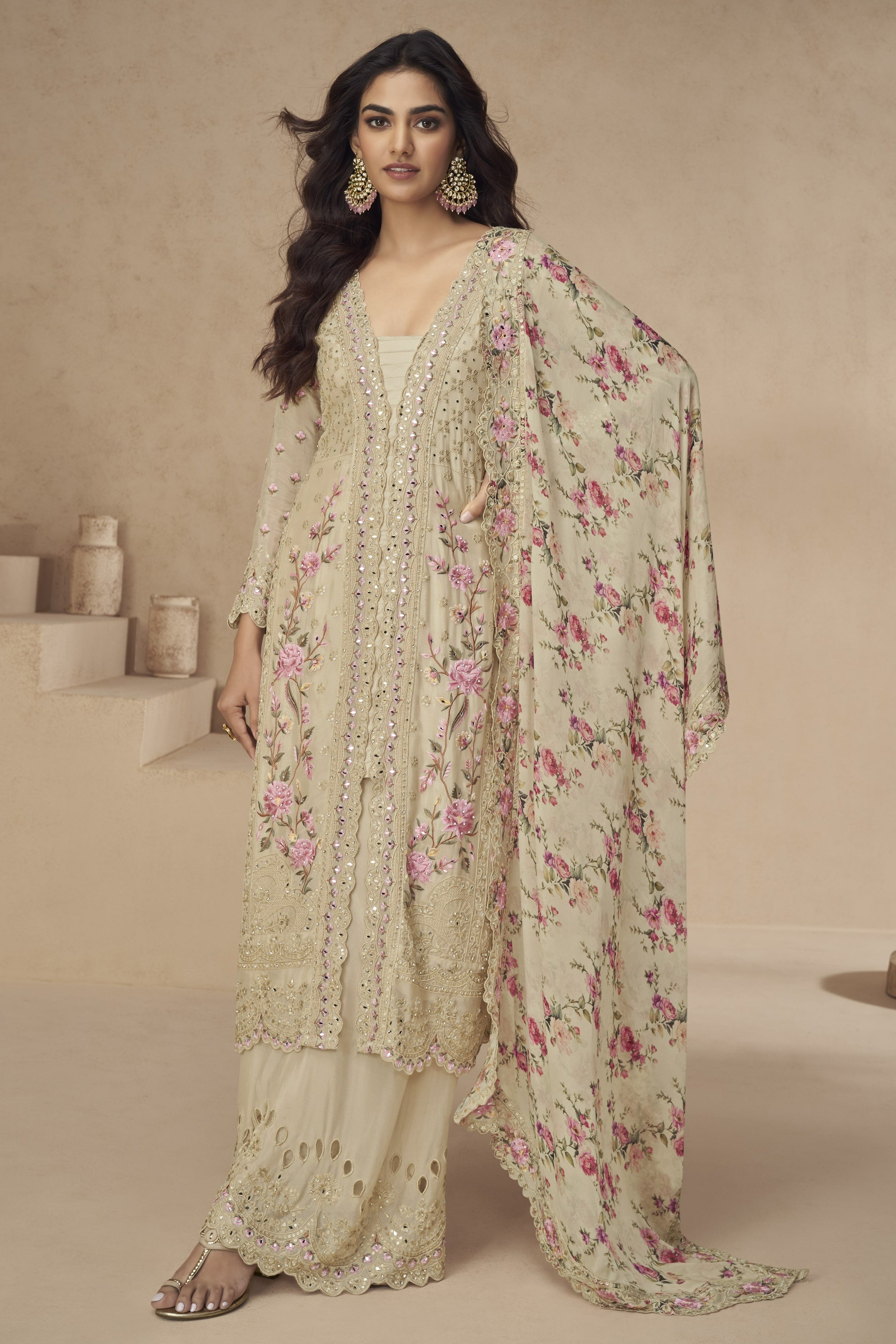 Beige Chinon Silk Long Floral Kameez With Palazzo For Indian & Pakistani Wedding Festival - Thread Embroidery Work, Print Work, Real Mirror Work