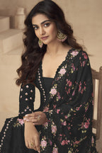 Black Chinon Silk Long Floral Kameez With Palazzo For Indian & Pakistani Wedding Festival - Thread Embroidery Work, Print Work, Real Mirror Work