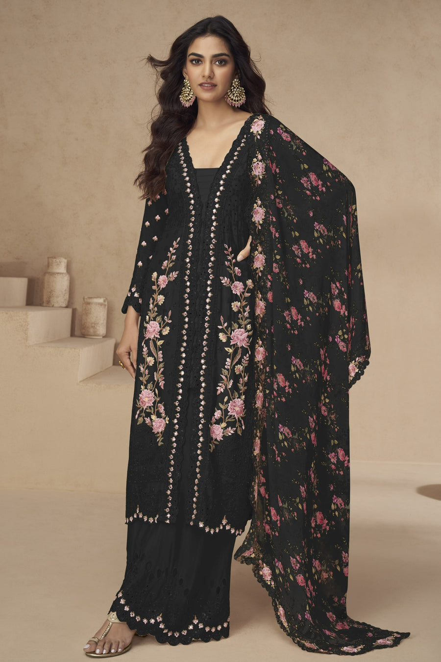 Black Chinon Silk Long Floral Kameez With Palazzo For Indian & Pakistani Wedding Festival - Thread Embroidery Work, Print Work, Real Mirror Work