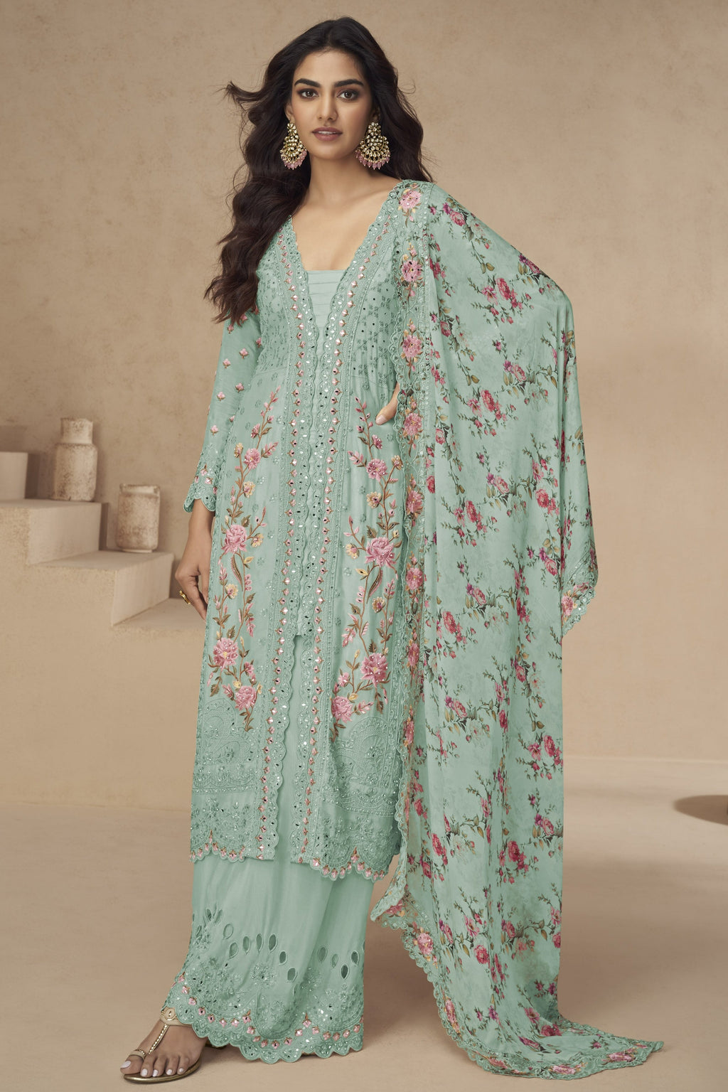 Mint Green Chinon Silk Long Floral Kameez With Palazzo For Indian & Pakistani Wedding Festival - Thread Embroidery Work, Print Work, Real Mirror Work