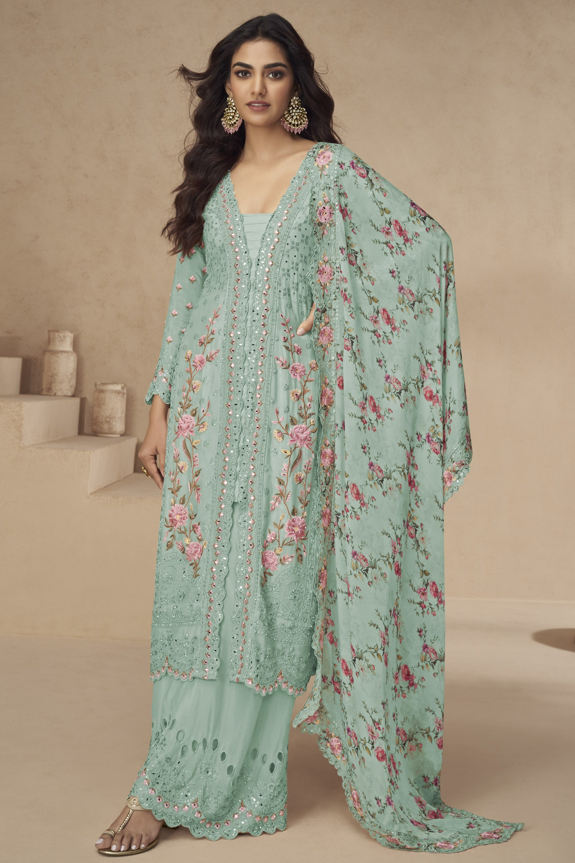 Mint Green Chinon Silk Long Floral Kameez With Palazzo For Indian & Pakistani Wedding Festival - Thread Embroidery Work, Print Work, Real Mirror Work