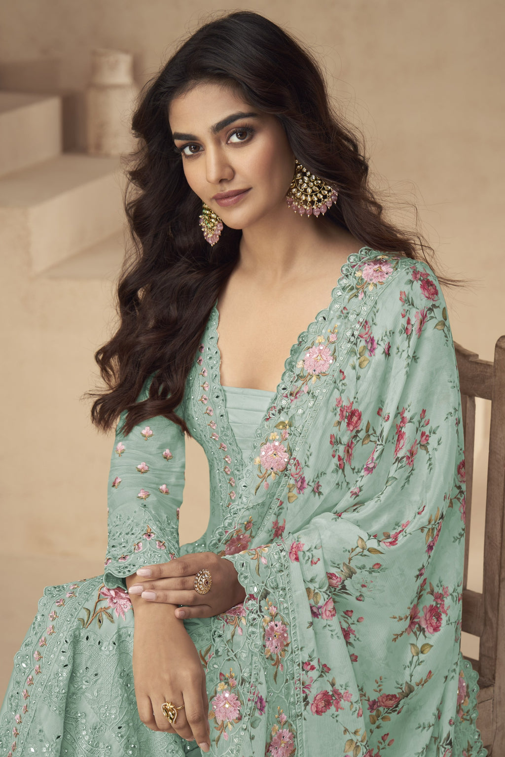 Mint Green Chinon Silk Long Floral Kameez With Palazzo For Indian & Pakistani Wedding Festival - Thread Embroidery Work, Print Work, Real Mirror Work