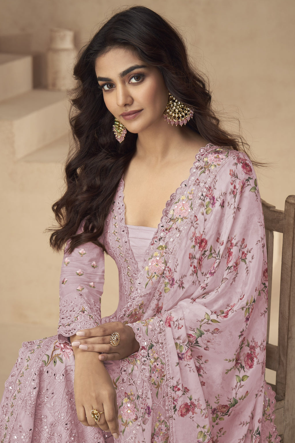 Pink Chinon Silk Long Floral Kameez With Palazzo For Indian & Pakistani Wedding Festival - Thread Embroidery Work, Print Work, Real Mirror Work