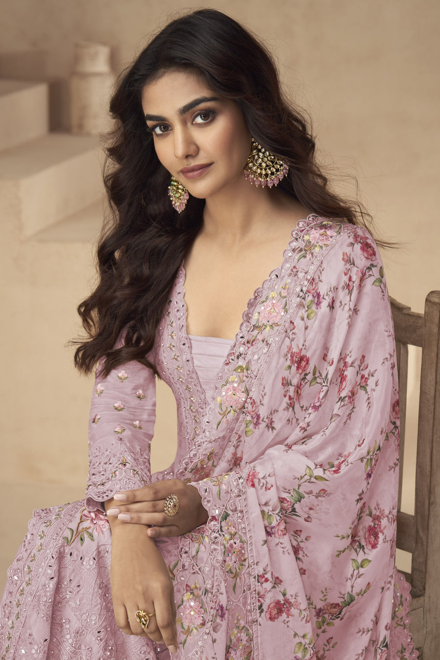 Pink Chinon Silk Long Floral Kameez With Palazzo For Indian & Pakistani Wedding Festival - Thread Embroidery Work, Print Work, Real Mirror Work