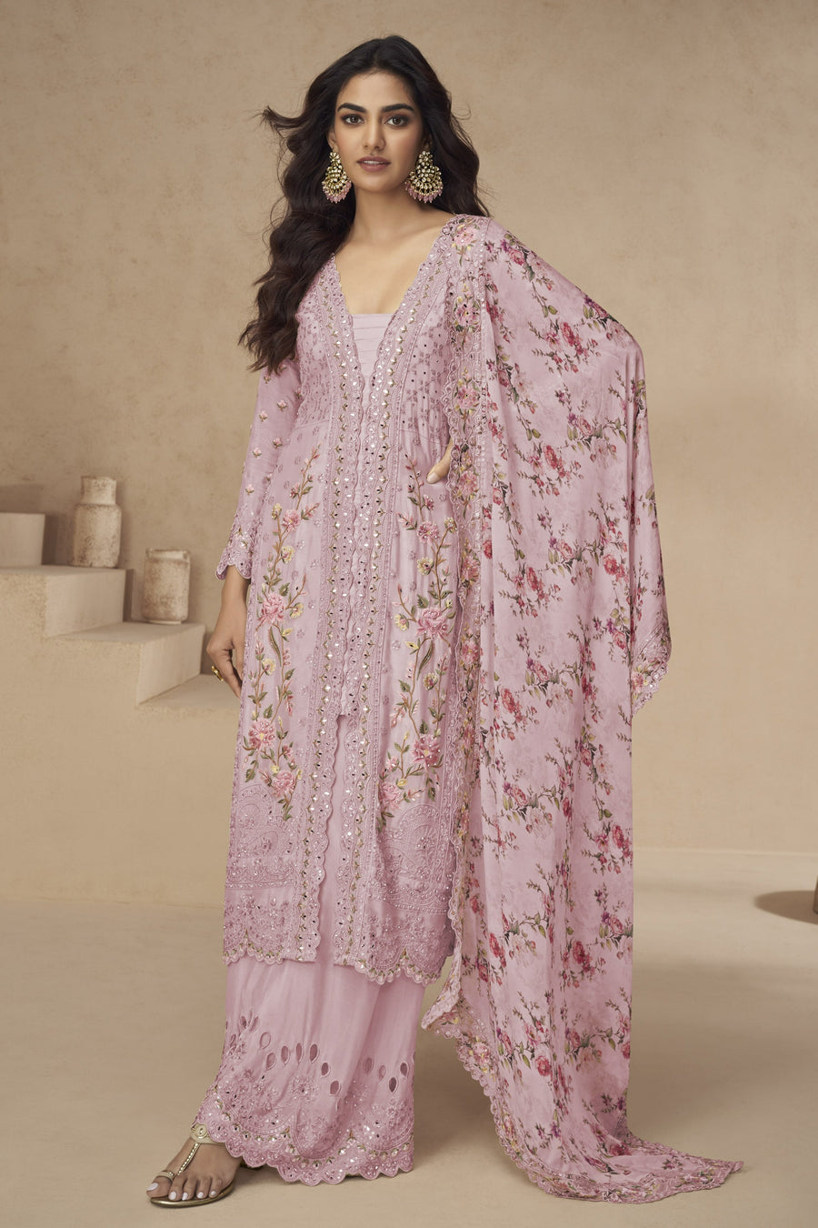 Pink Chinon Silk Long Floral Kameez With Palazzo For Indian & Pakistani Wedding Festival - Thread Embroidery Work, Print Work, Real Mirror Work