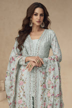 Aqua Chinon Silk Long Floral Kameez With Palazzo For Indian & Pakistani Wedding Festival - Thread Embroidery Work, Print Work, Real Mirror Work