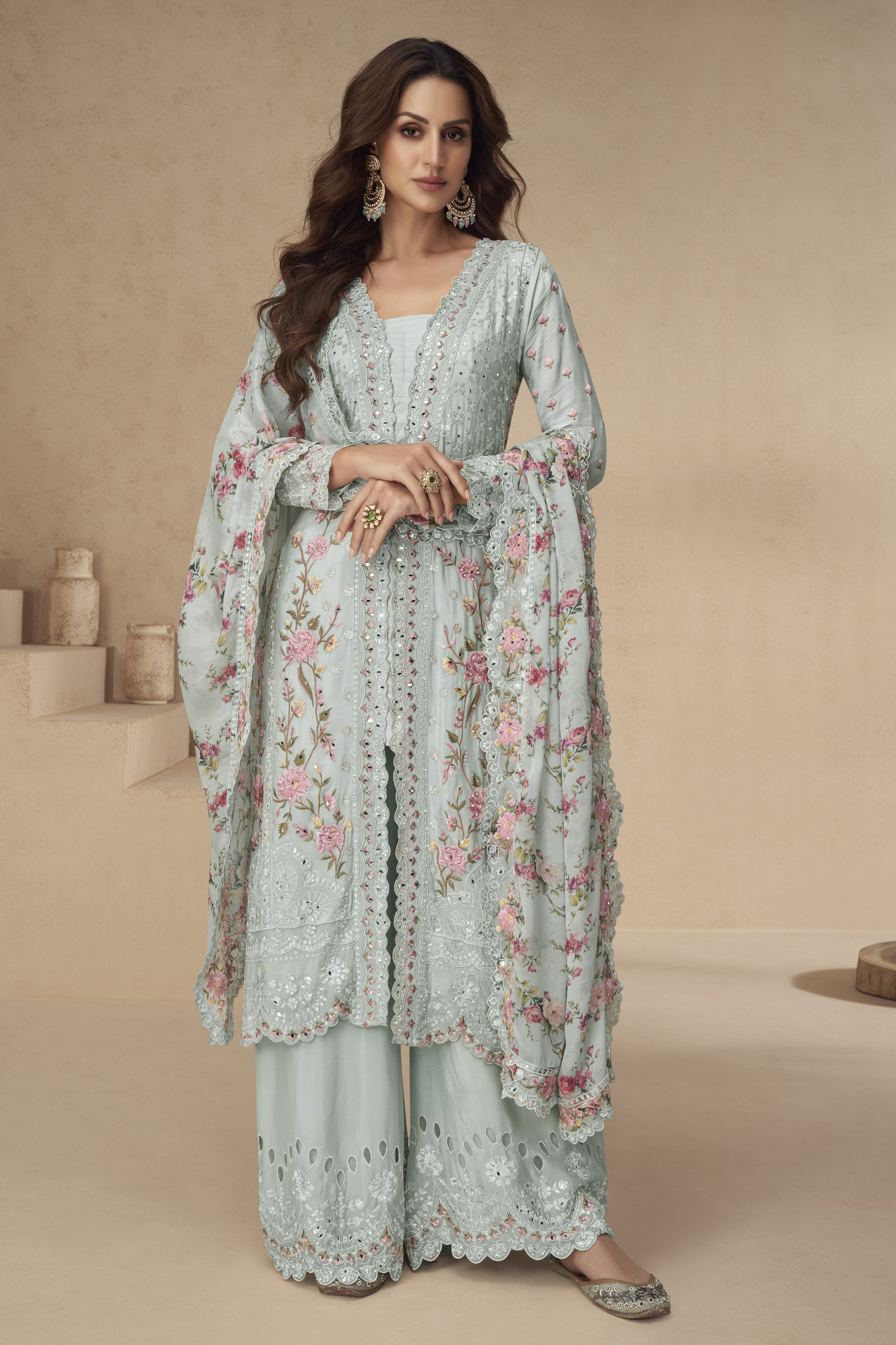 Aqua Chinon Silk Long Floral Kameez With Palazzo For Indian & Pakistani Wedding Festival - Thread Embroidery Work, Print Work, Real Mirror Work