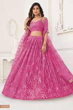 Pink Net Lehenga Choli For Indian & Pakistani Wedding Festival - Thread Embroidery Work, Sequence Embroidery Work, Real Mirror Work