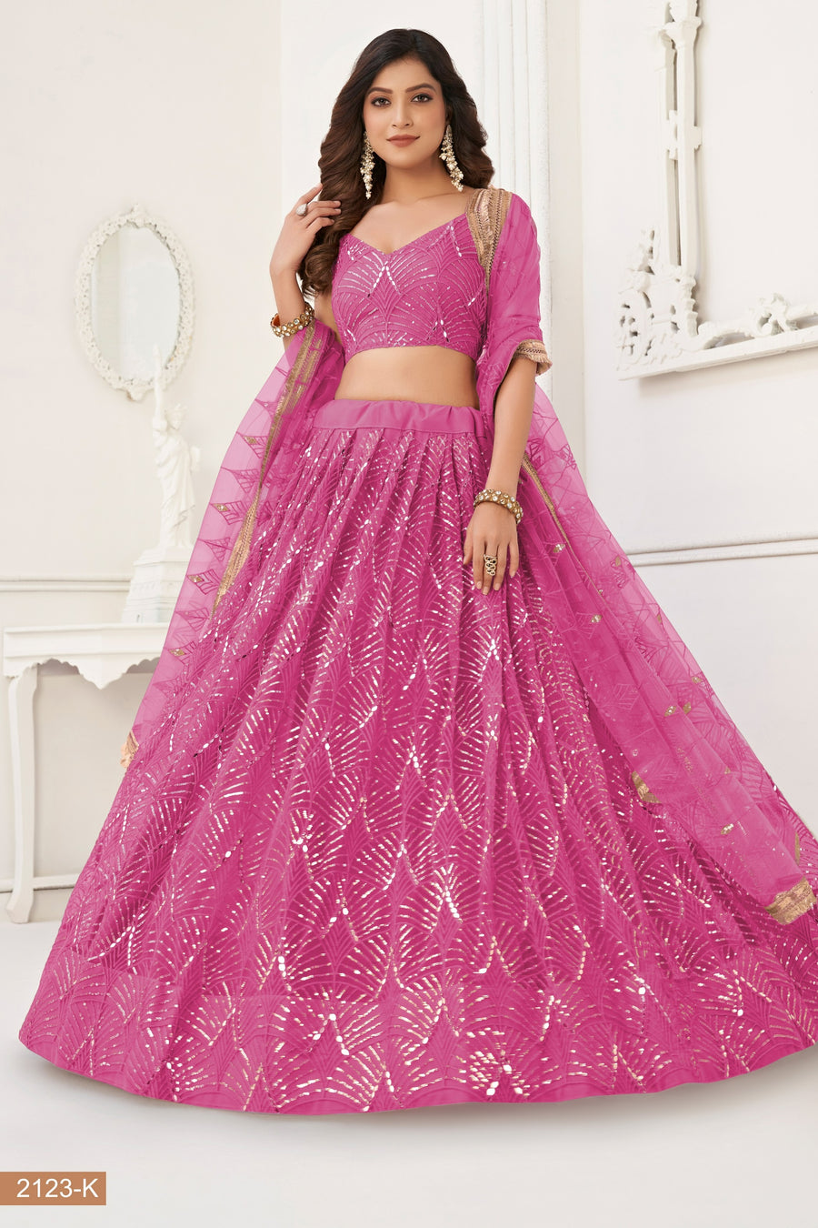 Pink Net Lehenga Choli For Indian & Pakistani Wedding Festival - Thread Embroidery Work, Sequence Embroidery Work, Real Mirror Work