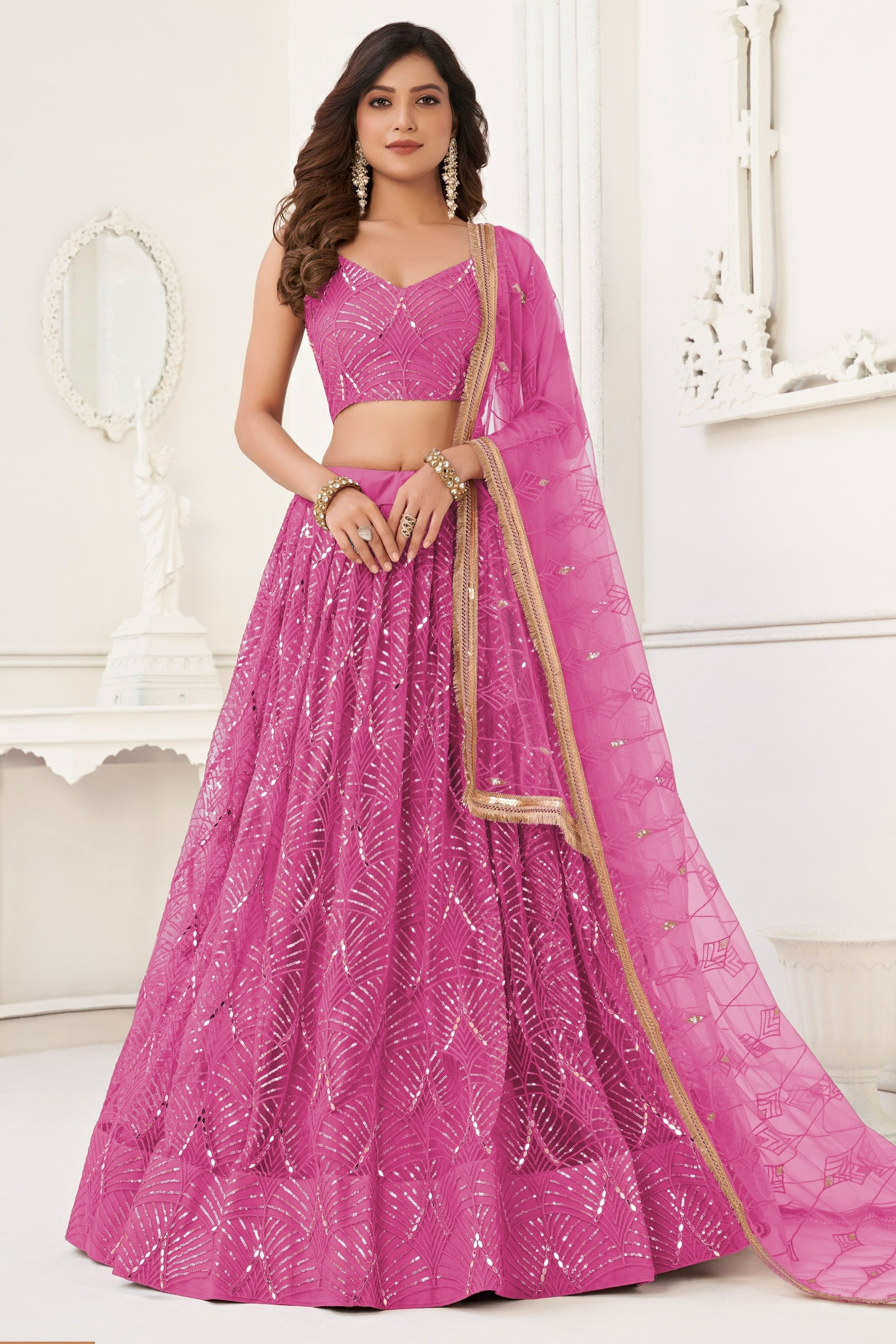Pink Net Lehenga Choli For Indian & Pakistani Wedding Festival - Thread Embroidery Work, Sequence Embroidery Work, Real Mirror Work