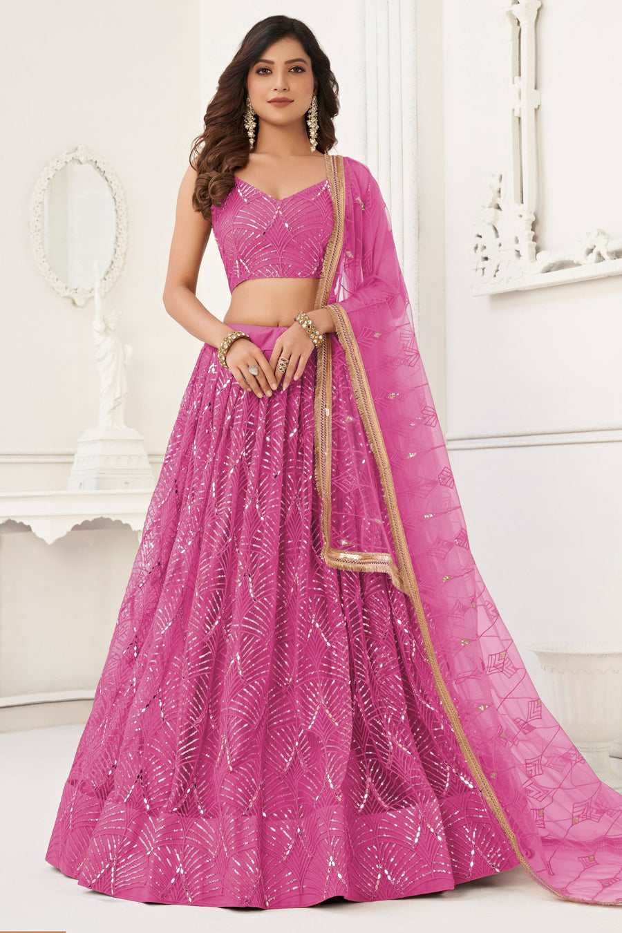 Pink Net Lehenga Choli For Indian & Pakistani Wedding Festival - Thread Embroidery Work, Sequence Embroidery Work, Real Mirror Work