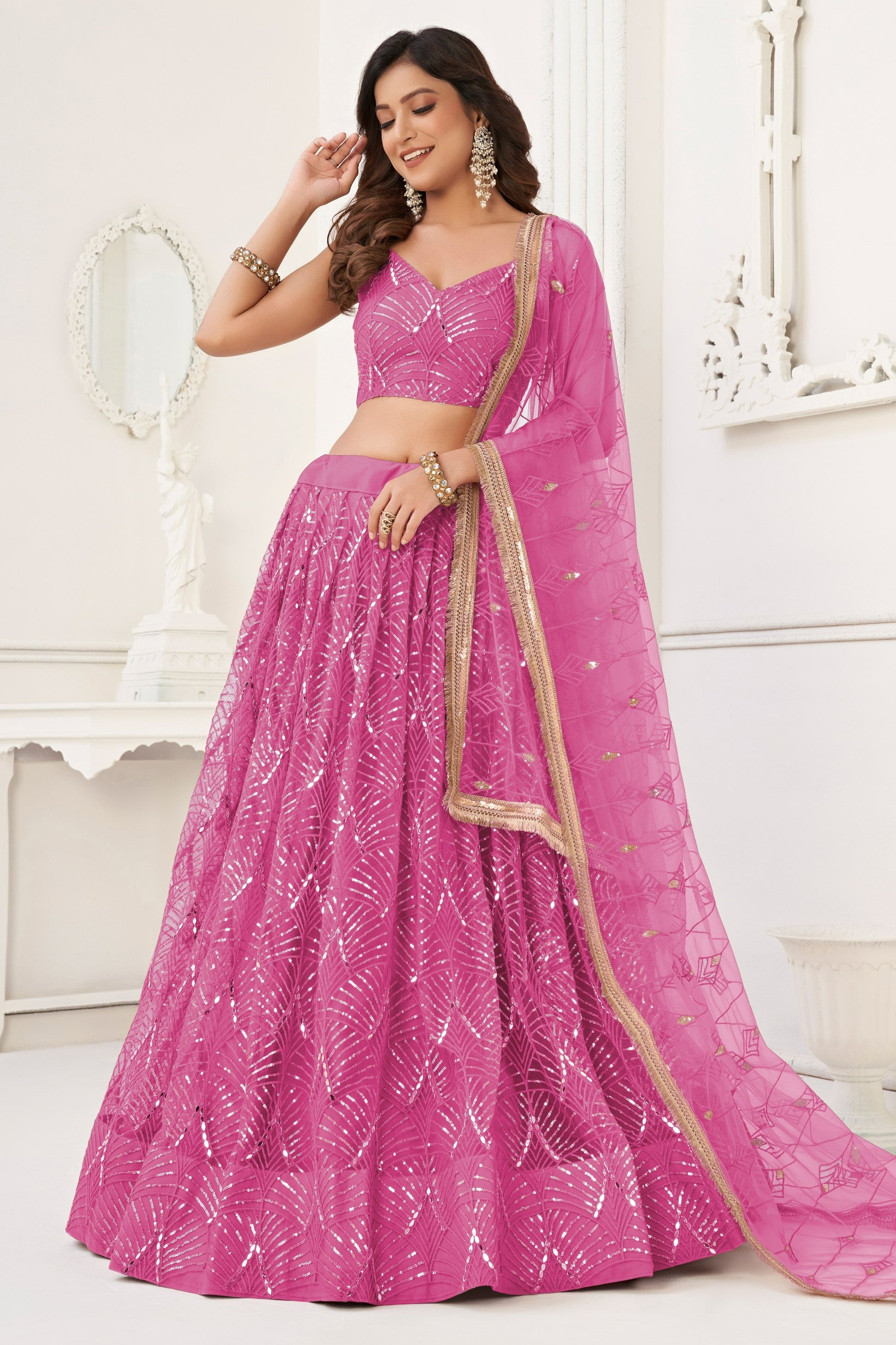 Pink Net Lehenga Choli For Indian & Pakistani Wedding Festival - Thread Embroidery Work, Sequence Embroidery Work, Real Mirror Work