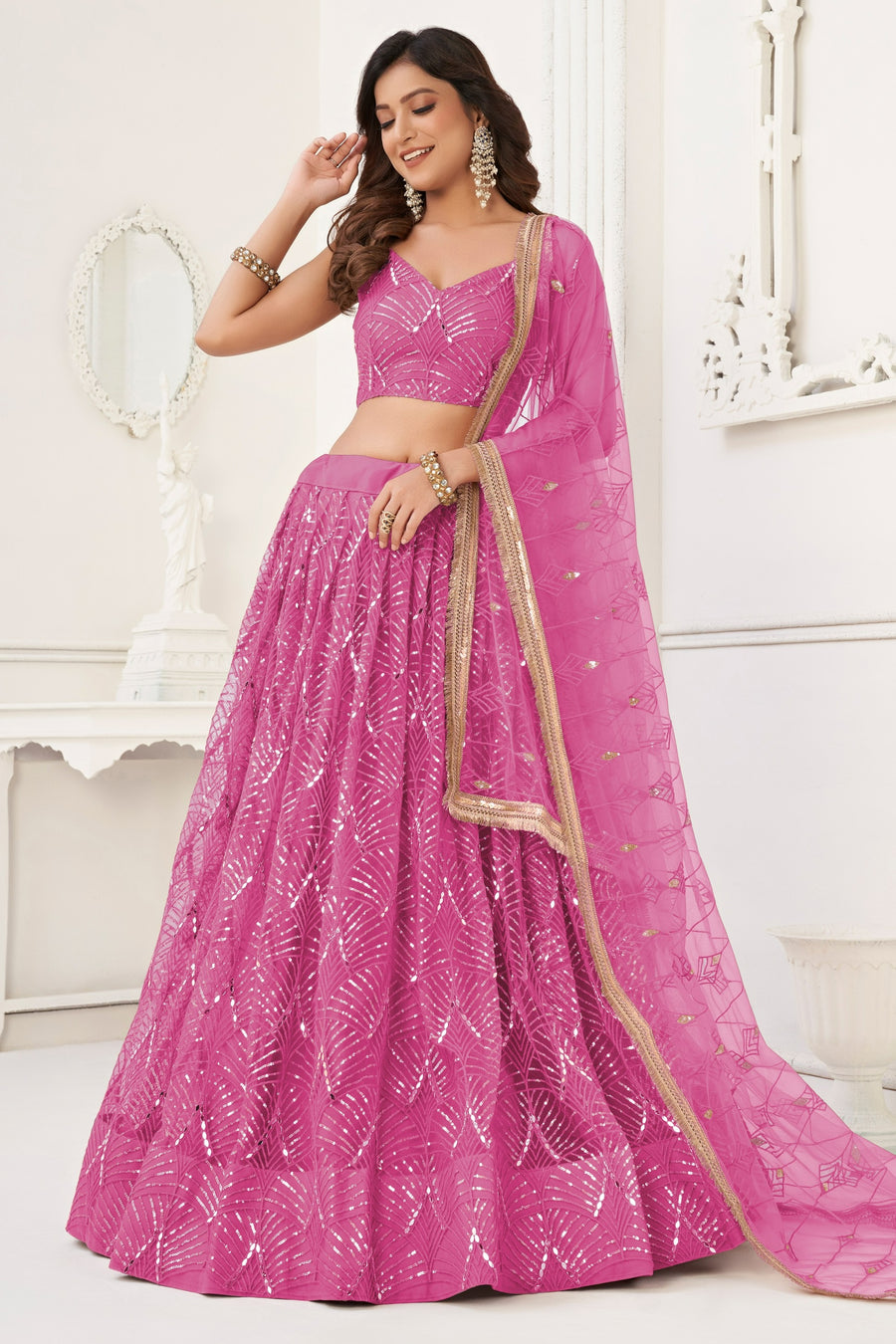Pink Net Lehenga Choli For Indian & Pakistani Wedding Festival - Thread Embroidery Work, Sequence Embroidery Work, Real Mirror Work